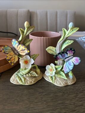 Vintage Disney Souvenir Hand-Painted Lefton Butterfly Floral Figurine Set